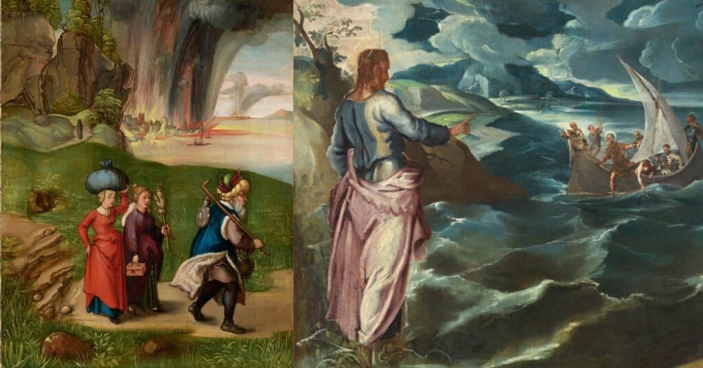 a collection of images including Lot and his daughters and Christ walking on the waves.