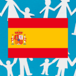 Learning games image: Paper dolls linked showing family members with a Spain flag in the center