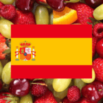 Background of various fruits with the Spain flag in the center