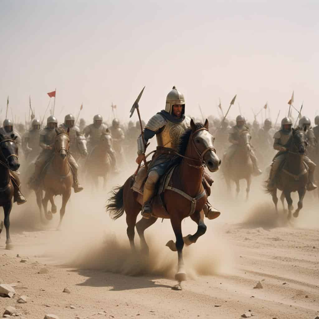 a group of Byzantine soldiers riding horses in the battle of Yarmouk