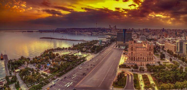 Baku skyline at sunset, vibrant colors