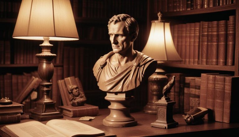 Bust in a cozy library setting.