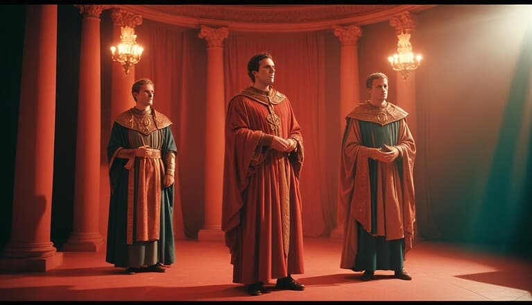 Three robed figures in dramatic lighting.
