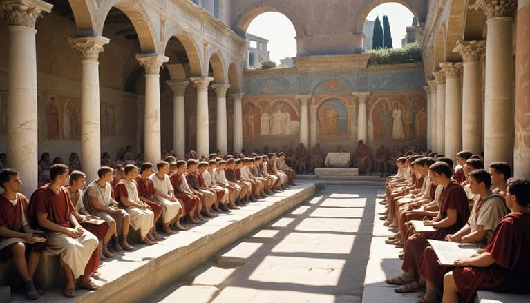 Ancient gathering in a classical setting.