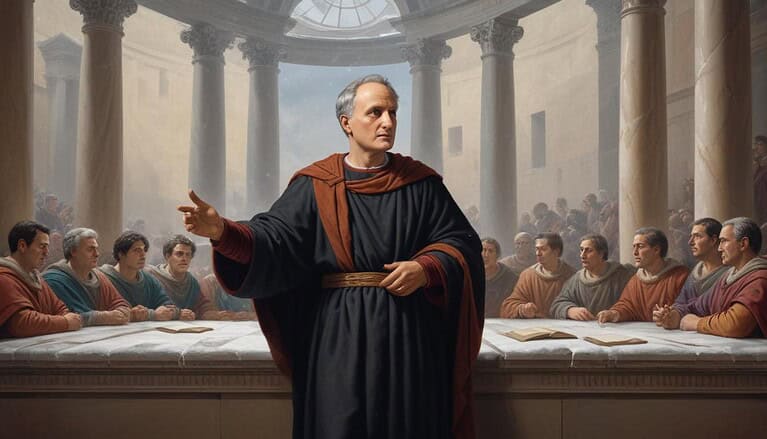 Historical gathering with speaker and audience.