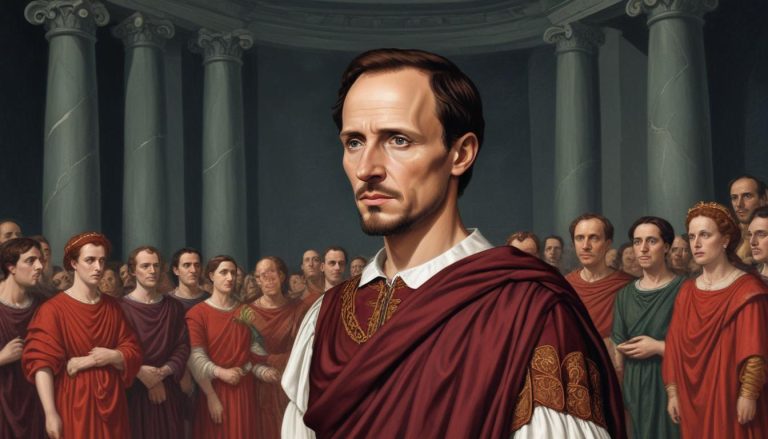 Roman leader surrounded by supporters.