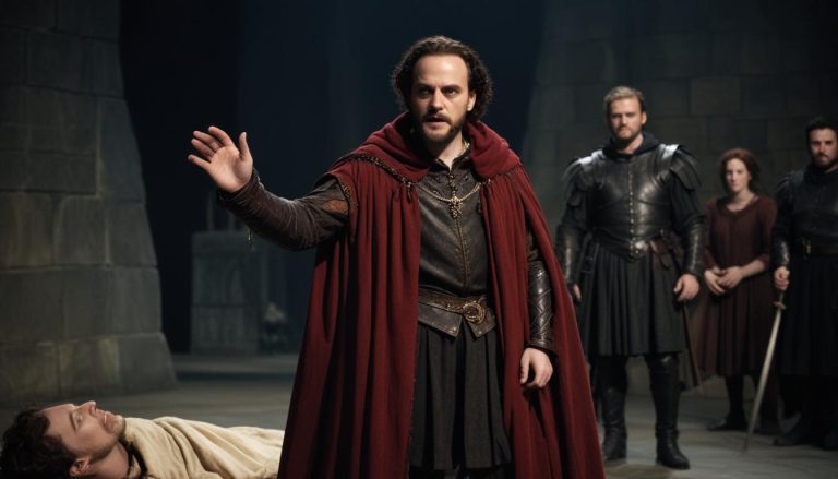 Dramatic scene with medieval characters.