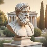 Marble bust in serene garden setting.