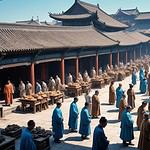 Ancient market scene with monks.