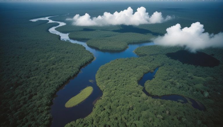 Lush green riverine landscape with clouds
