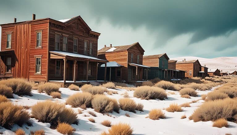 Abandoned wooden buildings in snowy landscape.