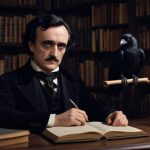 Man writing with raven on desk.