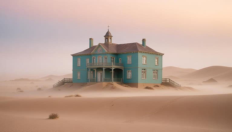 Abandoned house surrounded by sand dunes