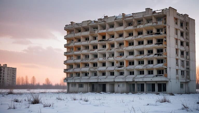 Abandoned building in snowy landscape.