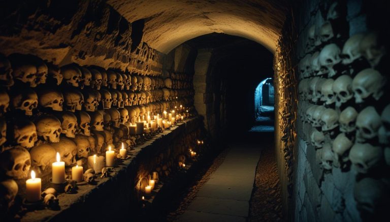 Dimly lit tunnel lined with skulls.