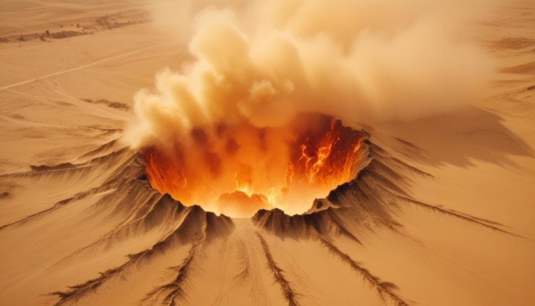 Fiery crater in desert landscape.
